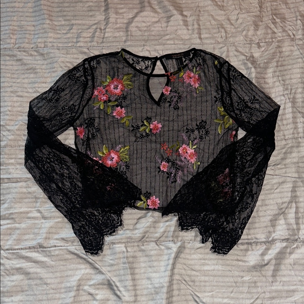 Forever 21 Black Sheer Lace Top with Pink Floral Embroidery